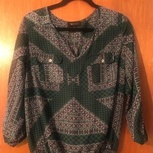 AB Studio Sheer Long Sleeve Blouse/ Size Large Blue/Green